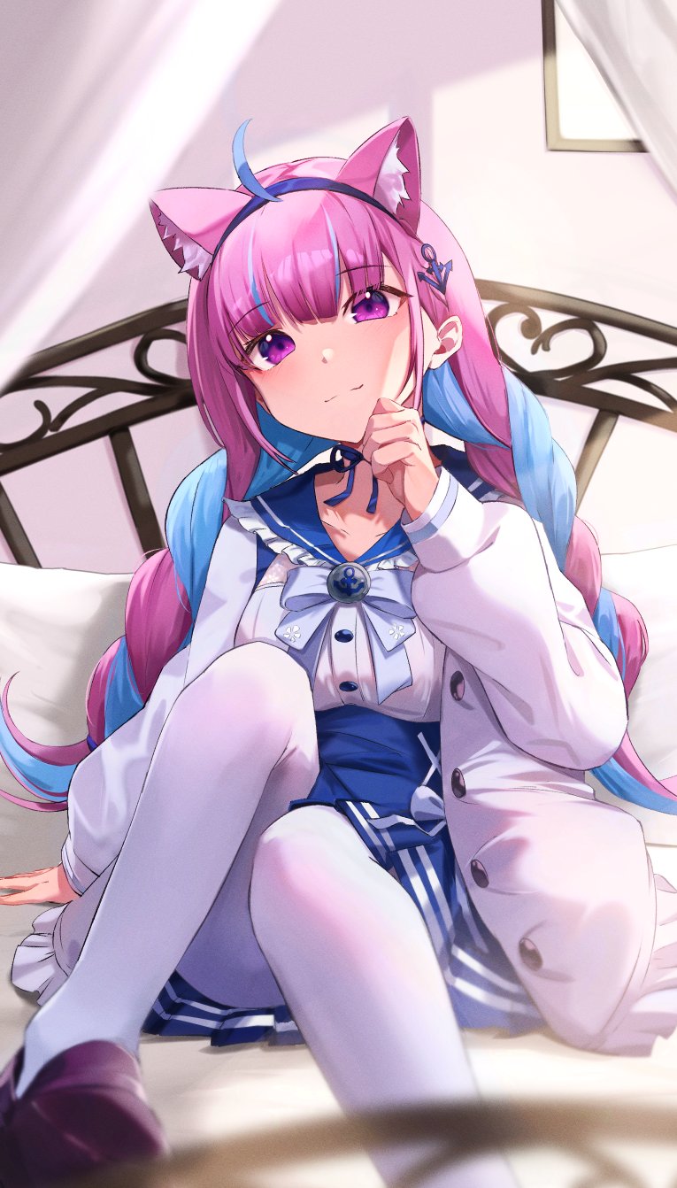 1girl, ahoge, almico, anchor_hair_ornament, animal_ears, bed, bedroom, black_footwear