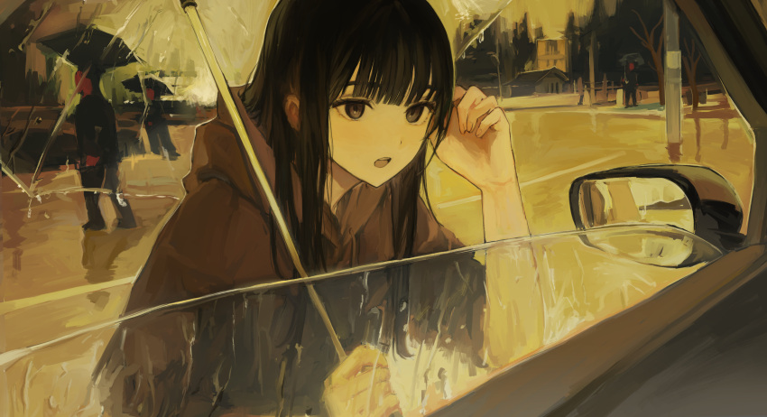1boy, 4others, absurdres, black-haired_boy_(iwzry), black_hair, black_jacket, black_pants, black_umbrella