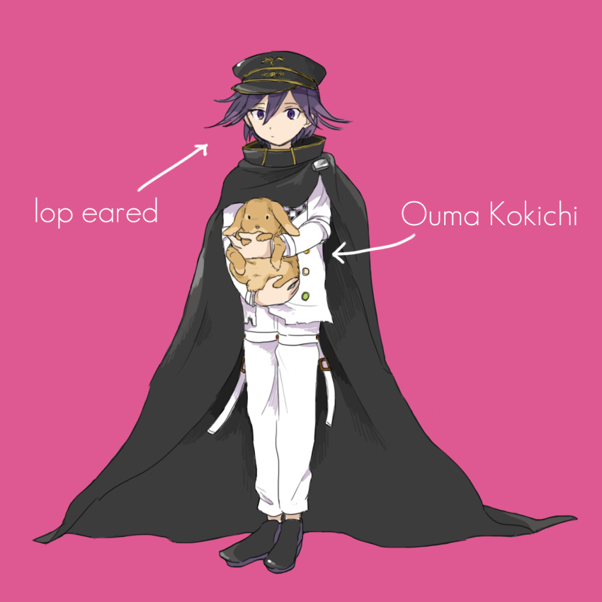 1boy, arrow_(symbol), asami_(space_neko), black_cape, black_footwear, buttons, cape, character_name