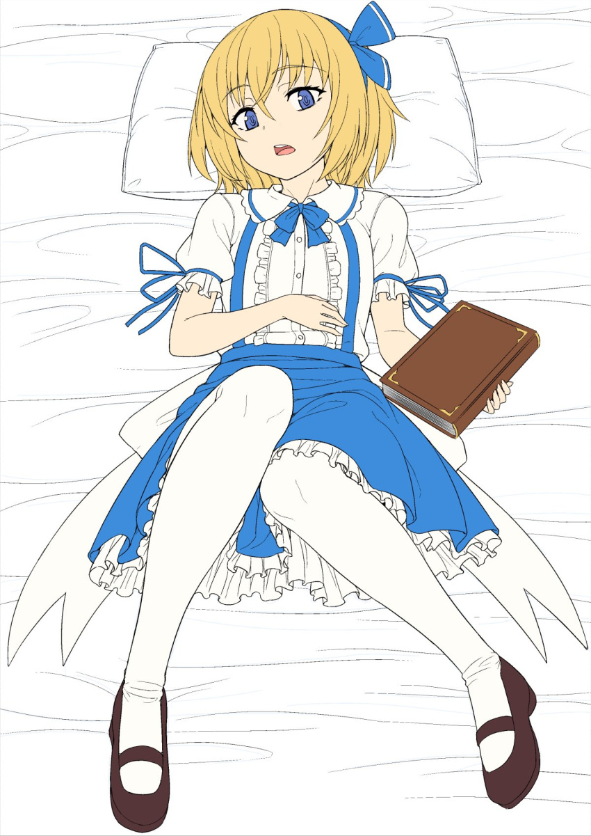 1girl, alice_margatroid, alice_margatroid_(pc-98), bed_sheet, blonde_hair, blue_eyes, blue_ribbon, blue_skirt