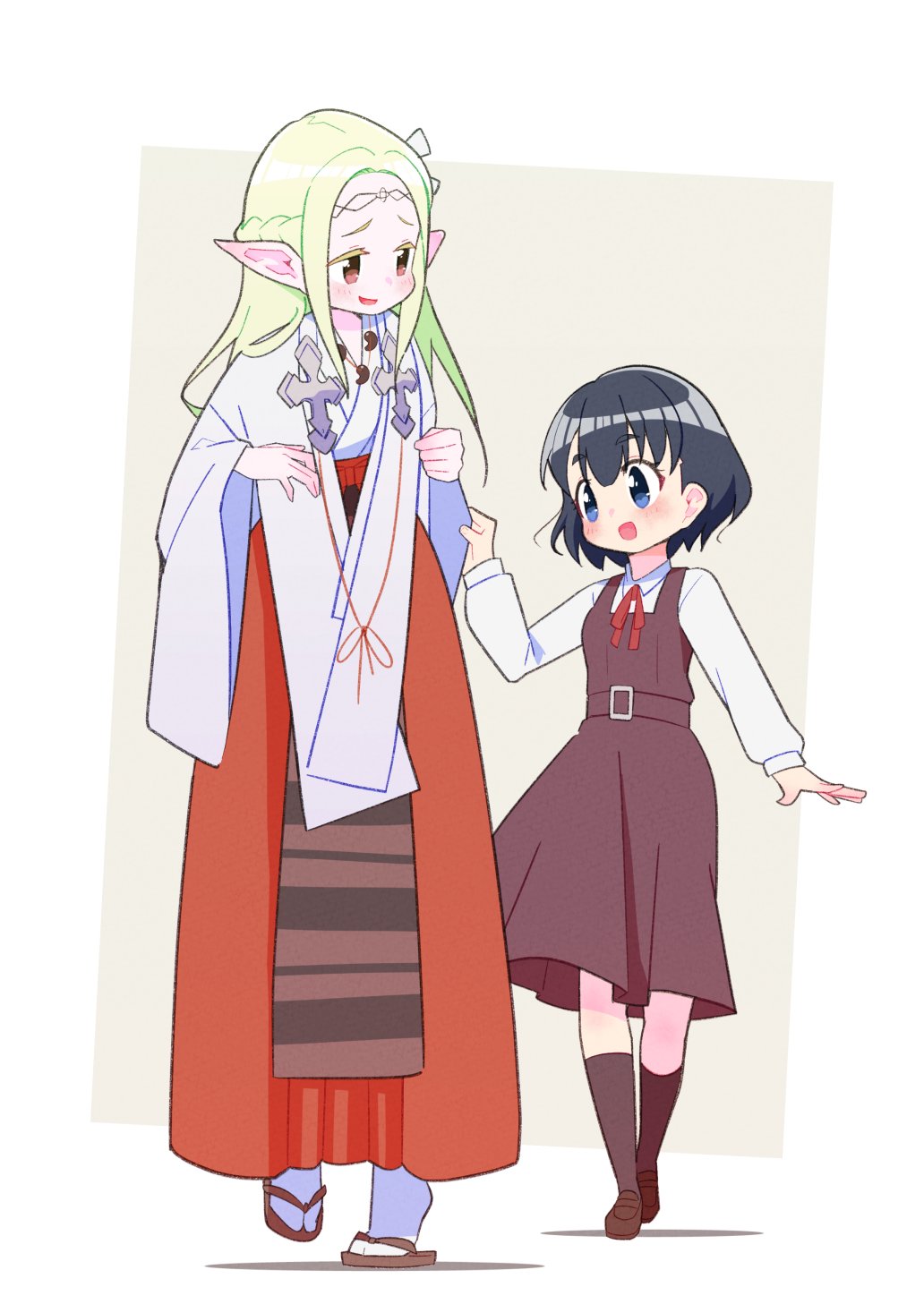 2girls, :d, aly_(eshikidori), black_hair, blonde_hair, blue_eyes, blush, border