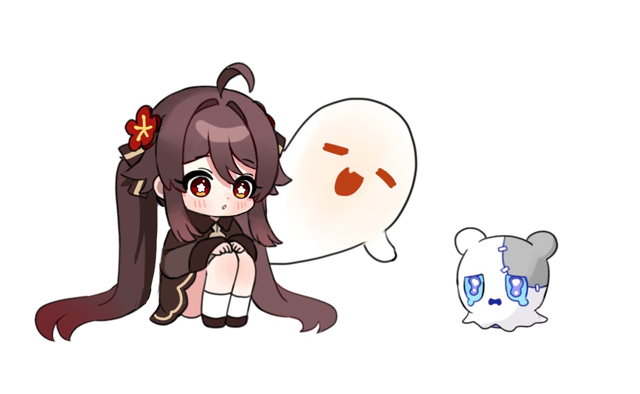 :o, =_=, ahoge, black_footwear, blush, boo_tao_(genshin_impact), brown_sleeves, company_connection