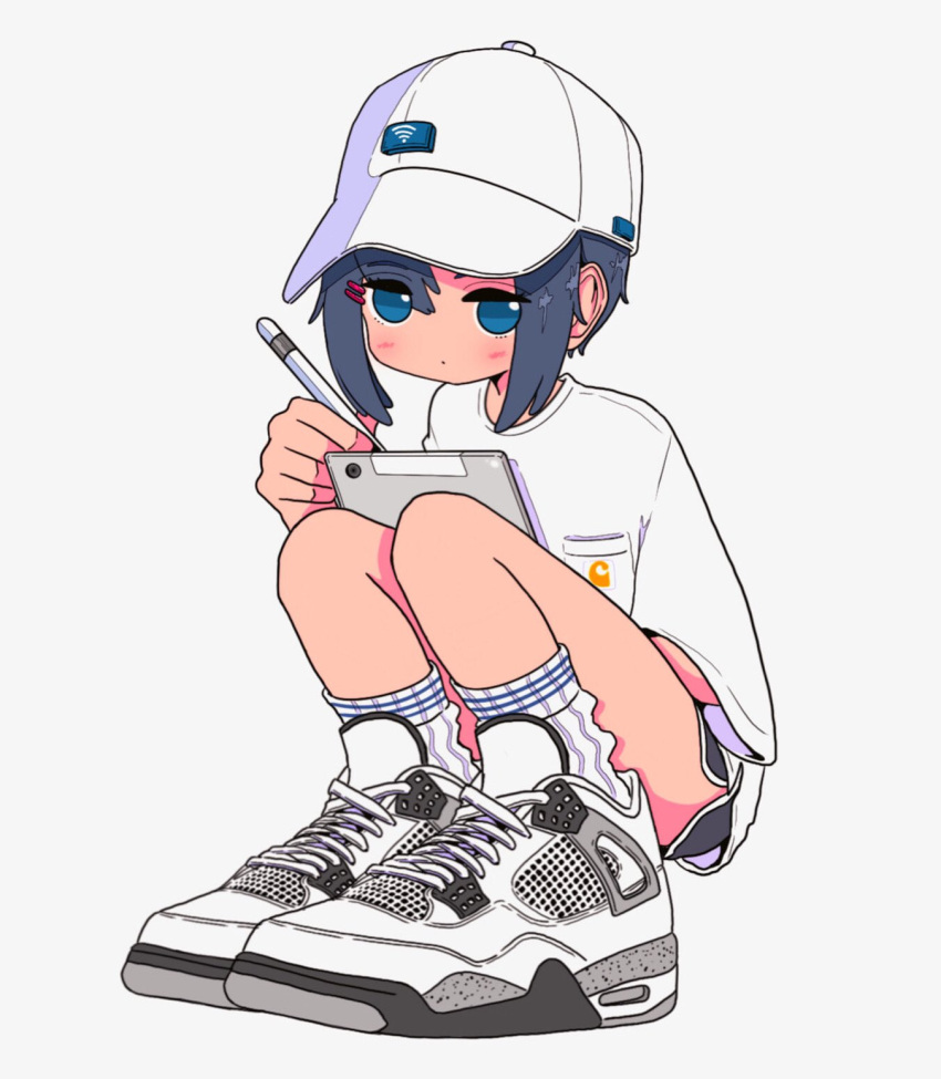 1girl, air_jordan, air_jordan_4, apple_pencil, asymmetrical_bangs, baseball_cap, blue_eyes, breast_pocket