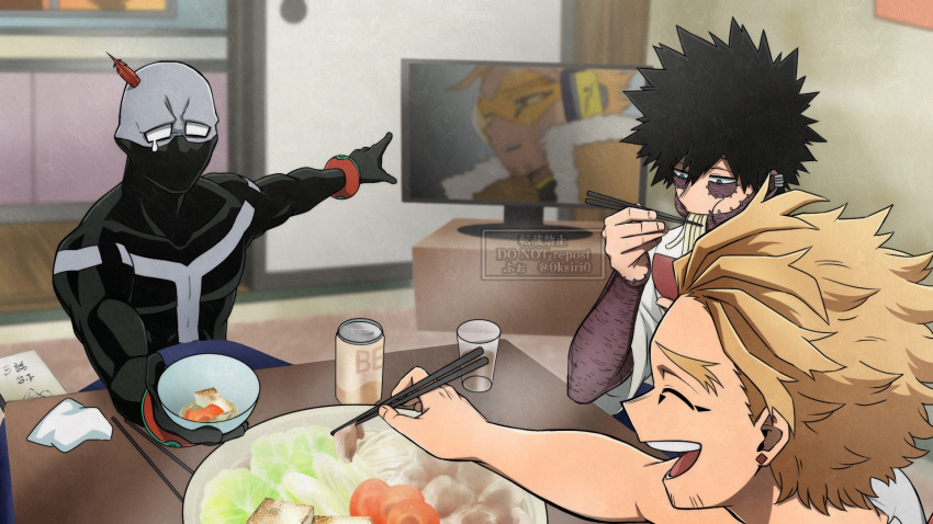 0ksiri0, 3boys, black_hair, blonde_hair, blue_eyes, bodysuit, boku_no_hero_academia, bowl, can, chopsticks, closed_eyes, commentary_request, cup, dabi_(boku_no_hero_academia), eating, feathers, food, hawks_(boku_no_hero_academia), highres, holding, holding_bowl, holding_chopsticks, indoors, looking_at_another, male_focus, multiple_boys, noodles, official_style, open_mouth, pointing, short_hair, single_tear, sitting, smile, spiky_hair, table, television, twice_(boku_no_hero_academia), watermark