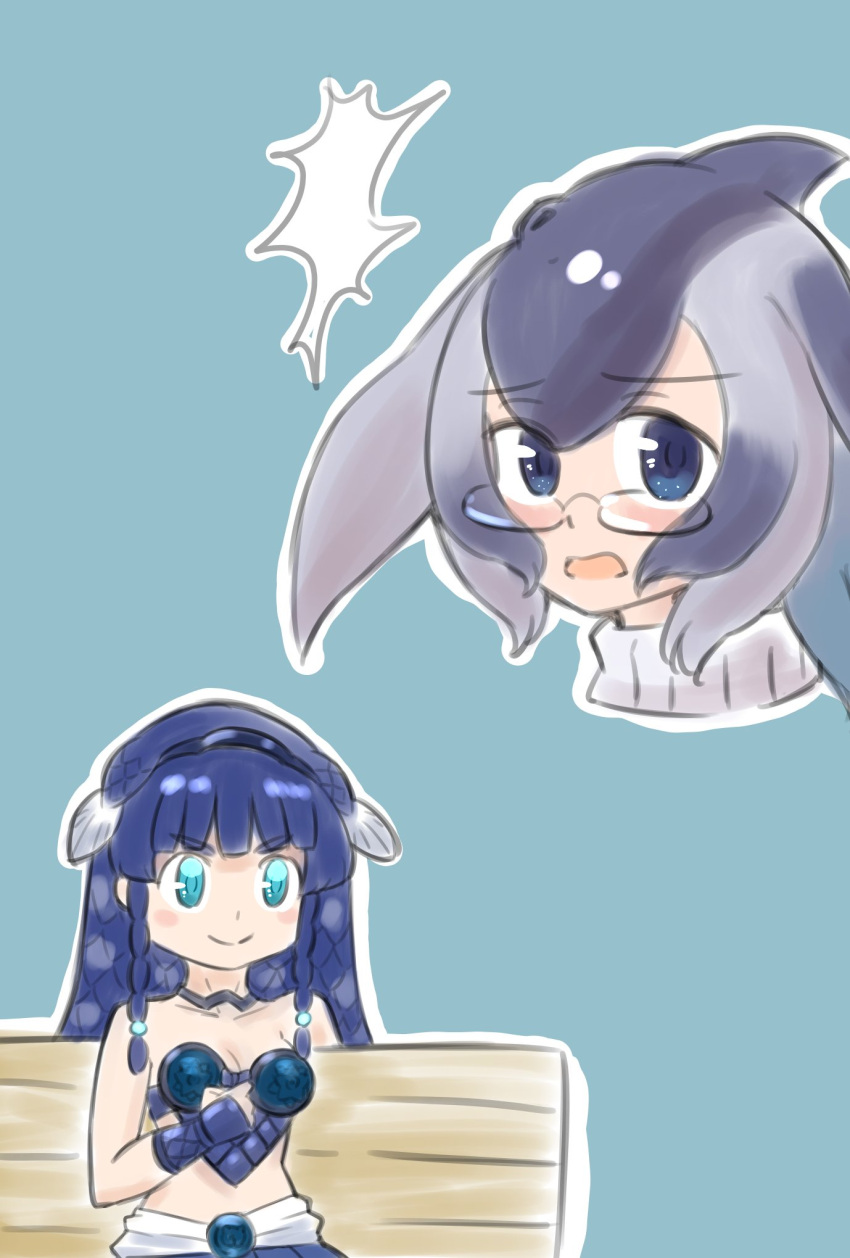 >:), 2girls, arm_behind_back, bare_shoulders, bench, blowhole, blue_background, blue_eyes