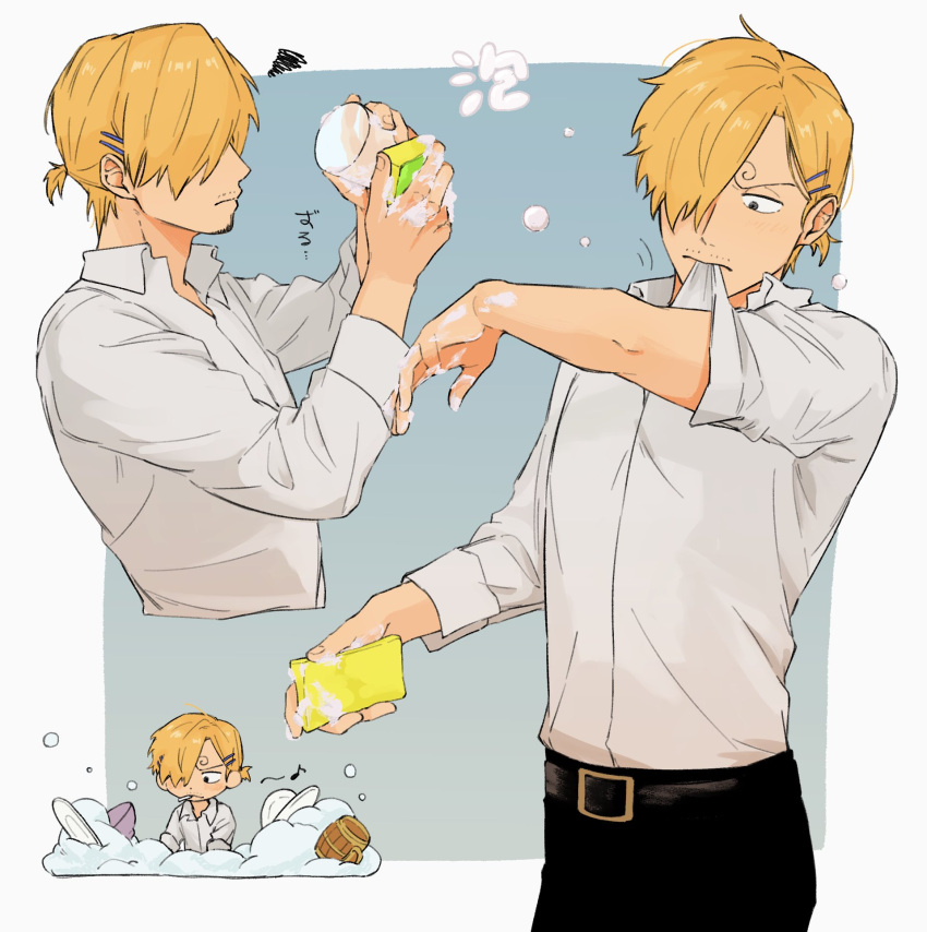 1boy, alternate_hairstyle, belt, black_belt, black_pants, blonde_hair, blue_background, bowl