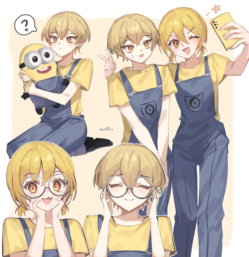 1boy, 1girl, :3, :d, :o, ?, adjusting_eyewear, artist_name