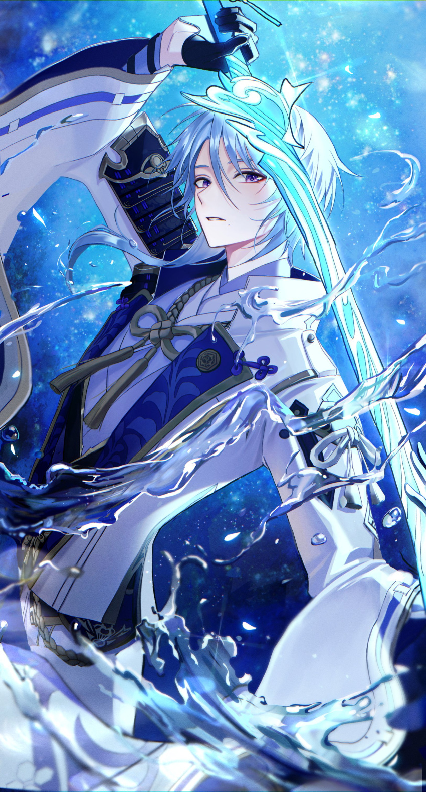 1boy, absurdres, black_gloves, blue_background, blue_eyes, blue_hair, blue_theme, genshin_impact
