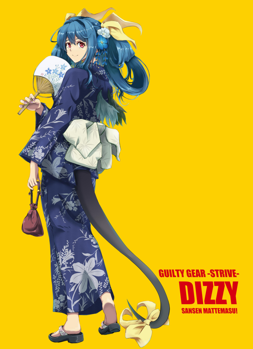 1girl, bag, blue_hair, blue_kimono, carrying, carrying_bag, character_name, closed_mouth