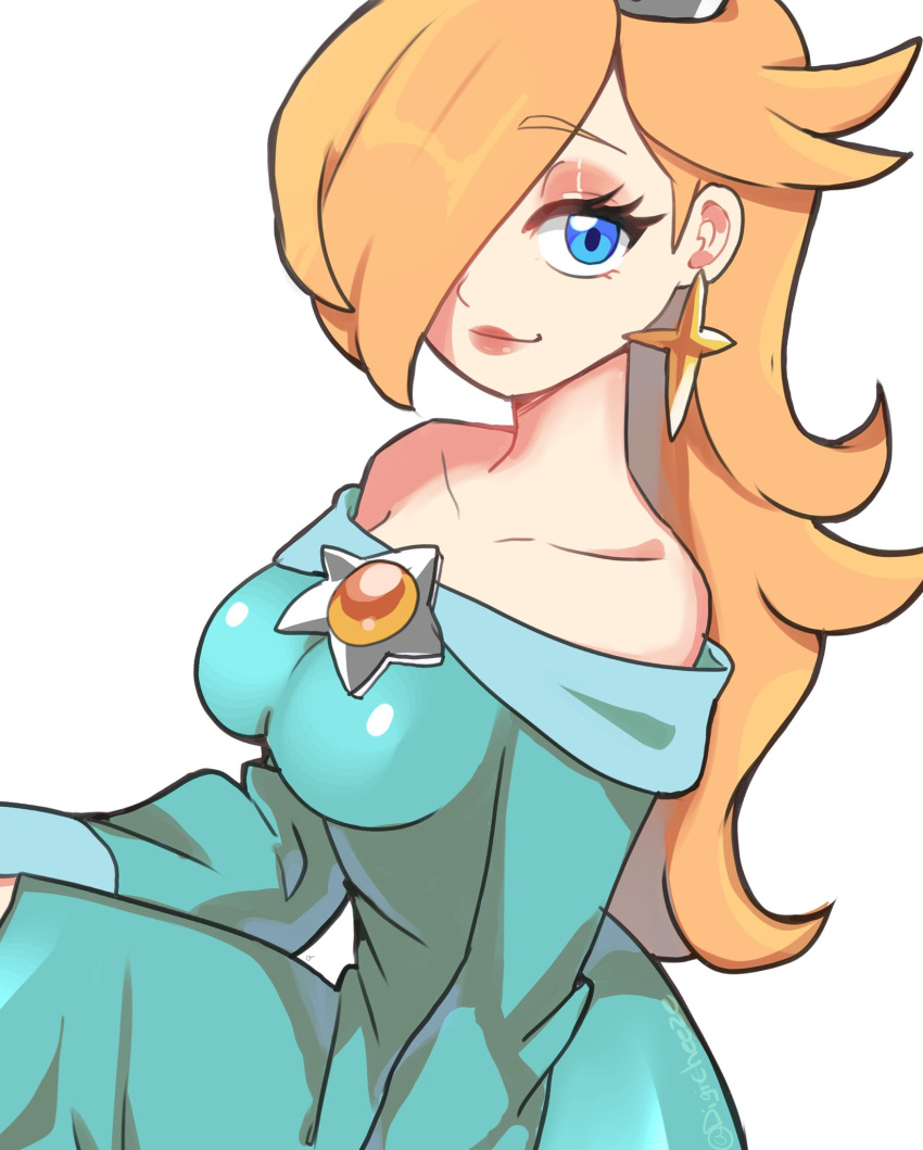 1girl, aqua_dress, bare_shoulders, bbycheese, blonde_hair, blue_eyes, breasts, brooch, collarbone, dress, earrings, feet_out_of_frame, hair_over_one_eye, highres, jewelry, long_hair, off-shoulder_dress, off_shoulder, rosalina, smile, solo, star_(symbol), star_brooch, star_earrings, super_mario_bros.
