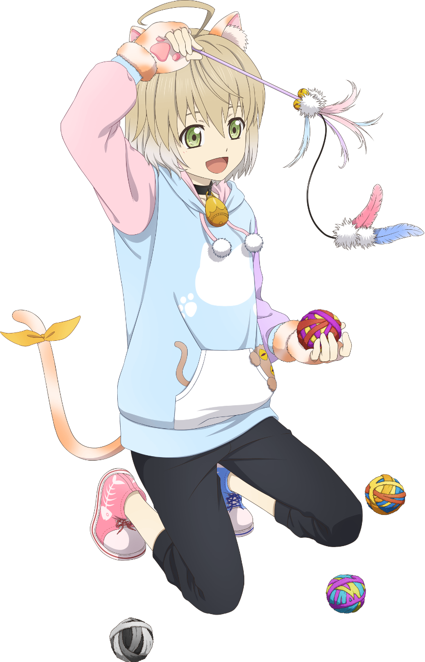 1boy, ahoge, animal_ears, animal_print, asymmetrical_footwear, black_pants, blonde_hair, blue_footwear