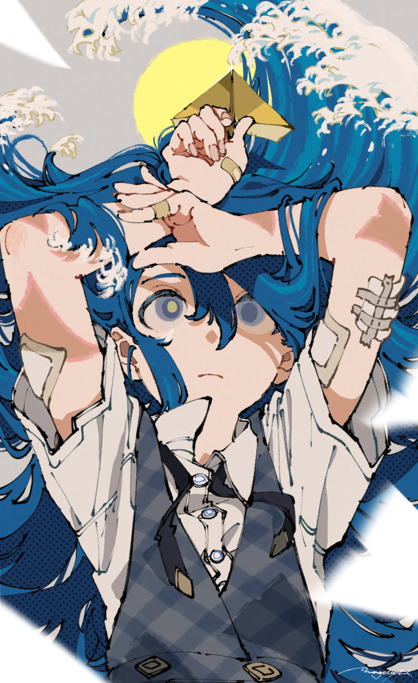 1girl, arms_up, bandage_on_elbow, bandages, bandaid, bandaid_on_hand, blue_hair, blue_vest