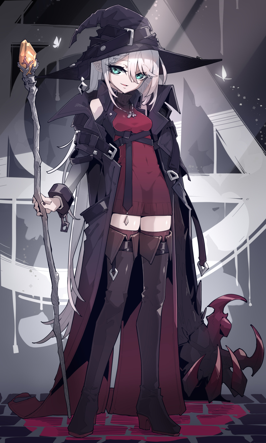 1girl, absurdres, arm_at_side, black_footwear, boots, breasts, brick_floor, bug
