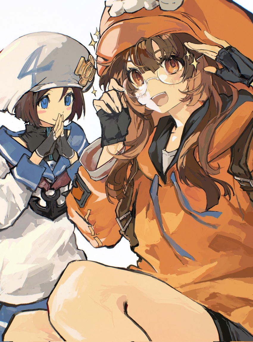 2girls, april_(guilty_gear), black_gloves, blue_eyes, blush, brown_eyes, brown_hair, cabbie_hat