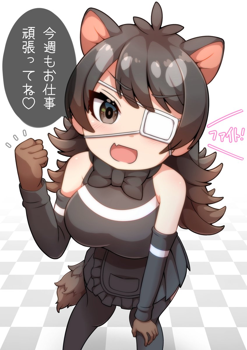 1girl, apron, australian_devil_(kemono_friends), bare_shoulders, black_apron, black_bow, black_bowtie, black_dress
