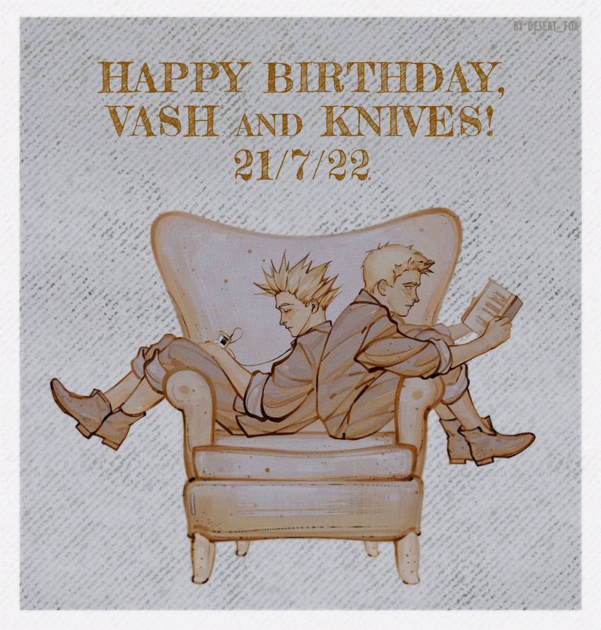 2boys, absurdres, aged_down, armchair, back-to-back, blonde_hair, book, brothers, chair, character_name, closed_eyes, closed_mouth, dated, desert_fox, earphones, english_text, full_body, happy_birthday, highres, holding, holding_book, mechanical_arms, millions_knives, mole, multiple_boys, prosthesis, short_hair, siblings, single_mechanical_arm, sitting, spiky_hair, trigun, vash_the_stampede