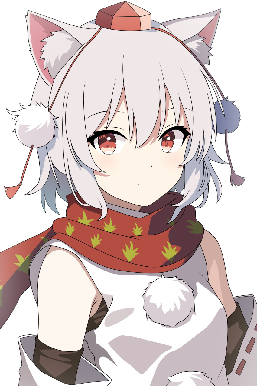 1girl, absurdres, animal_ears, arina_stepanova, detached_sleeves, highres, inubashiri_momiji, looking_at_viewer, pom_pom_(clothes), red_eyes, red_headwear, red_scarf, scarf, shirt, smile, solo, touhou, white_background, white_hair, white_shirt, wolf_ears