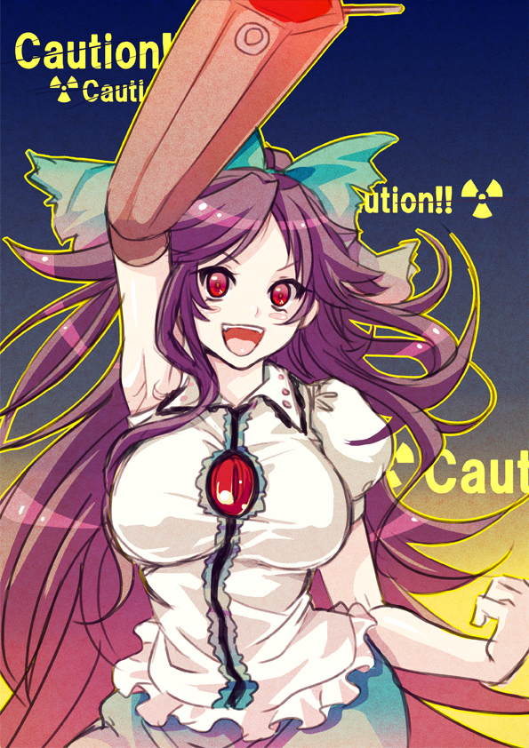 :d, arm_up, background_text, blush_stickers, bow, breasts, eyes, gradient_hair