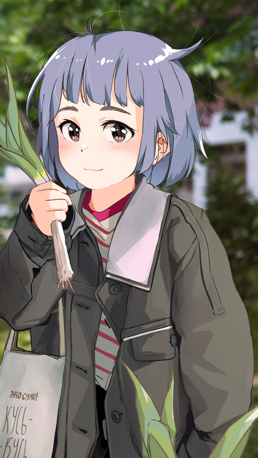 1girl, bag, blurry, blurry_background, bob_cut, brown_eyes, closed_mouth, coat