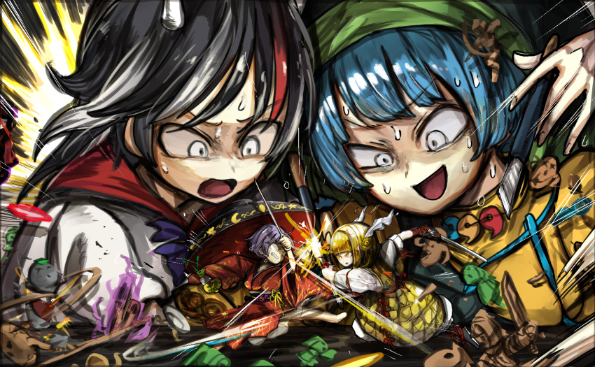 4girls, absurdres, apron, armor, barefoot, battlefield, black_footwear, black_hair
