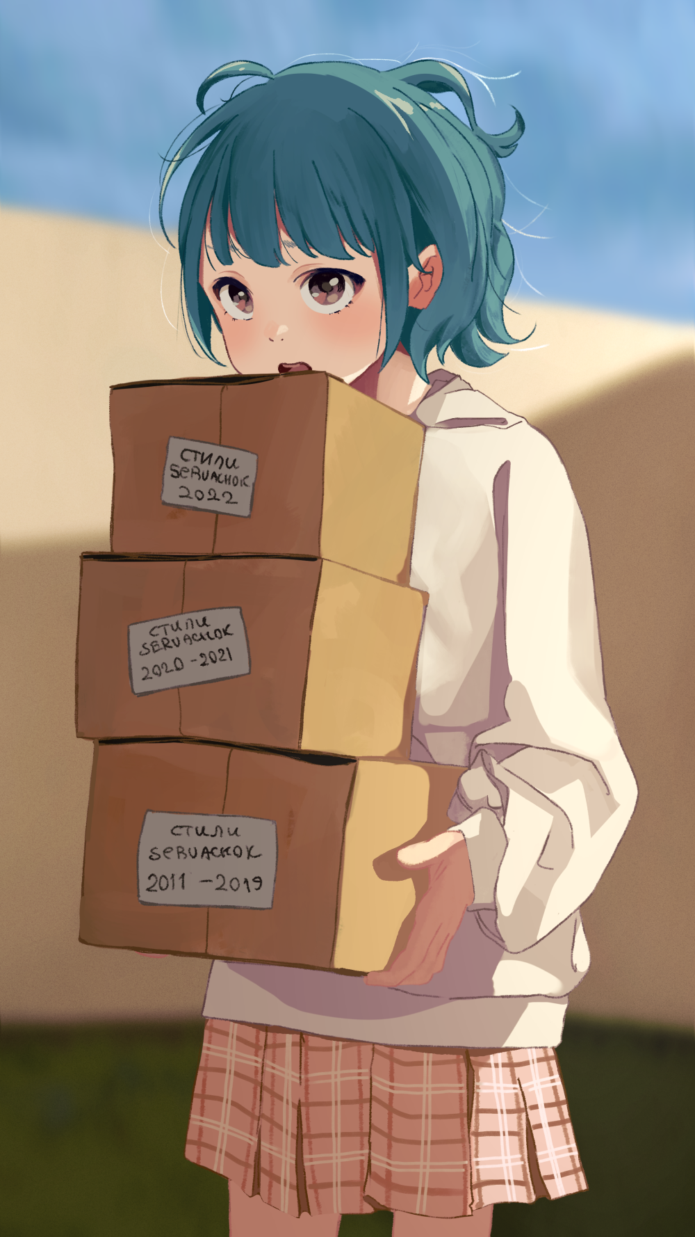 1girl, baggy_clothes, blue_hair, blue_sky, blunt_bangs, blurry, blurry_background, box