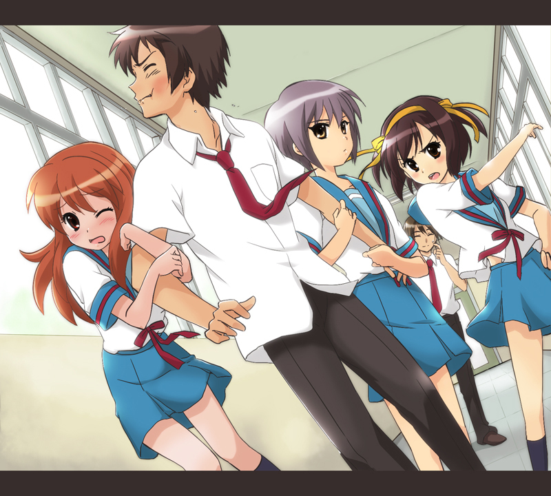 asahina_mikuru, bad_id, brown_eyes, brown_hair, closed_eyes, dutch_angle, hair_ribbon, hallway