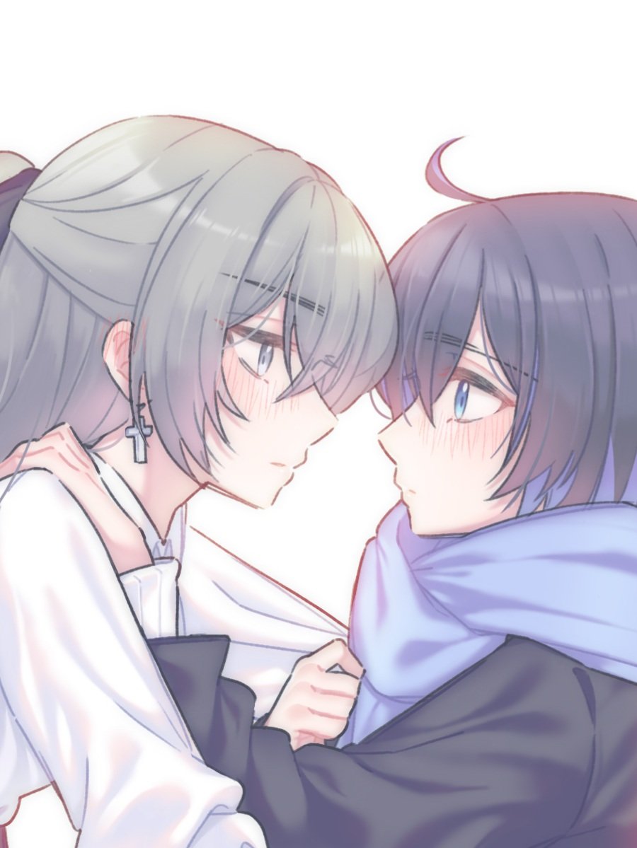 ahoge, alternate_costume, alternate_universe, black_shirt, black_sleeves, blue_eyes, blue_hair, blue_scarf