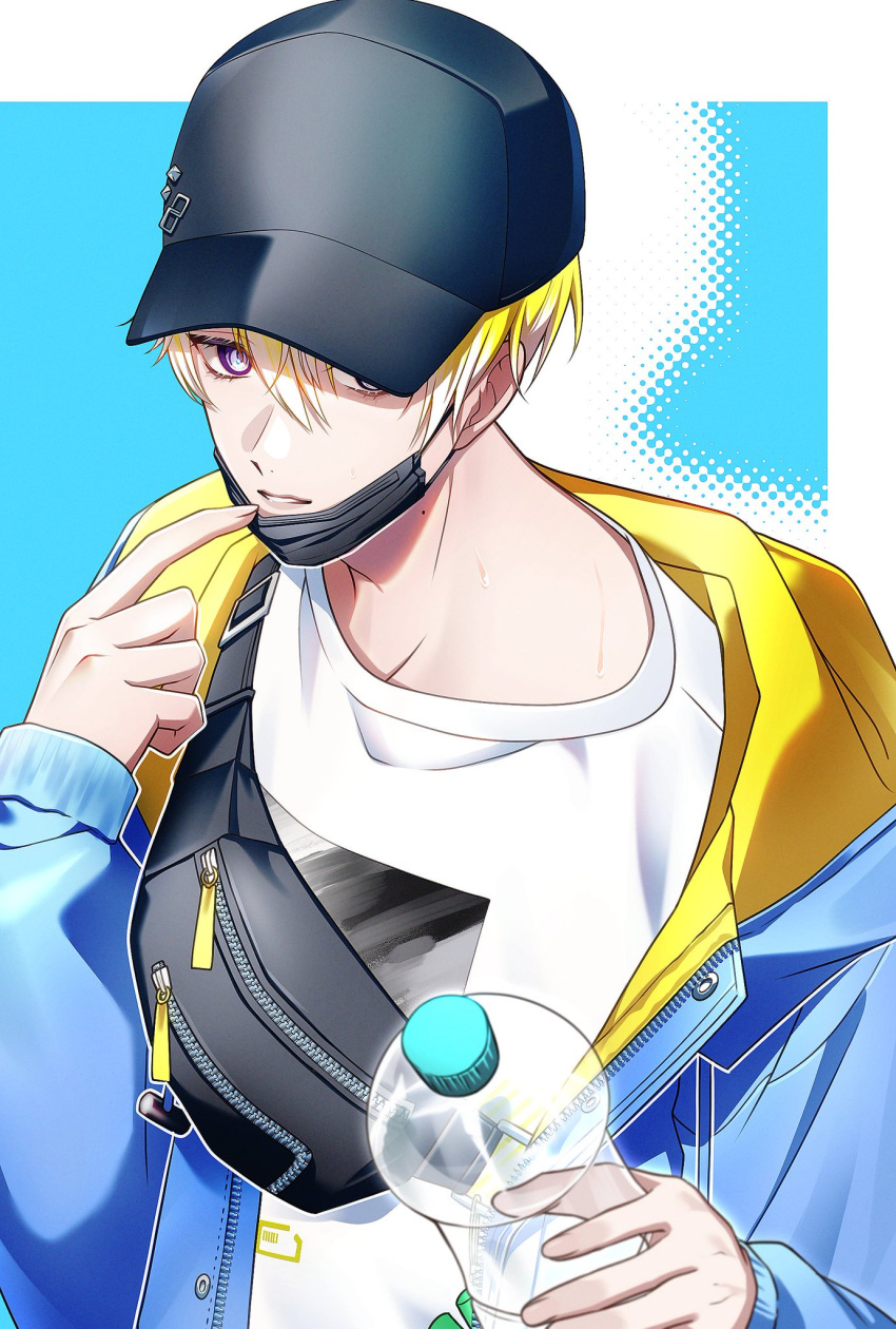 1boy, 7umaguro, baseball_cap, black_headwear, black_mask, blonde_hair, blue_background, blue_jacket