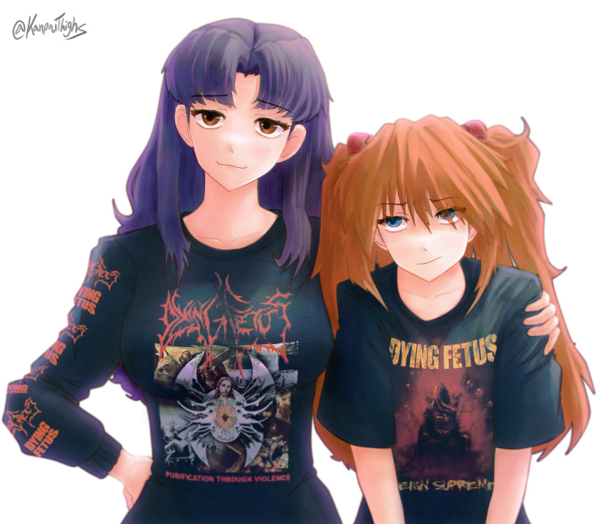 2girls, absurdres, artist_name, black_shirt, blue_eyes, brown_eyes, closed_mouth, dying_fetus_(band), hairpods, highres, kanpaithighs, katsuragi_misato, long_hair, long_sleeves, multiple_girls, neon_genesis_evangelion, orange_hair, parted_bangs, print_shirt, purple_hair, shirt, souryuu_asuka_langley, white_background