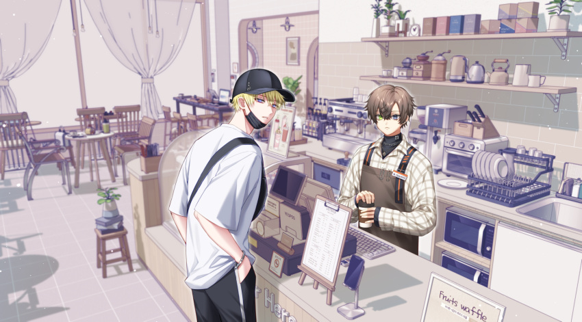2boys, alban_knox, alban_knox_(2nd_costume), apron, bangle, baseball_cap, black_headwear, black_mask