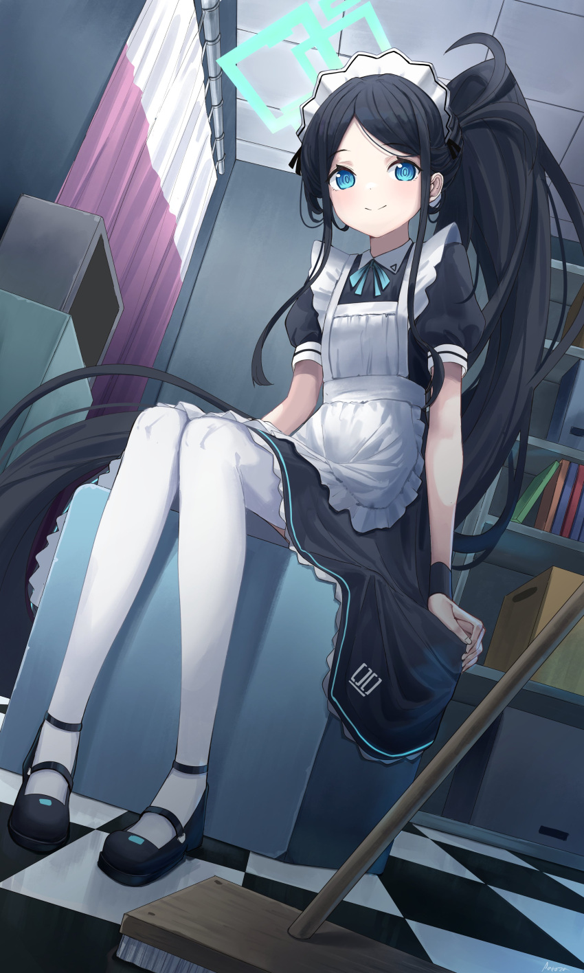 aaroza, absurdres, apron, aqua_ribbon, aris_(blue_archive), aris_(maid)_(blue_archive), black_dress, black_footwear