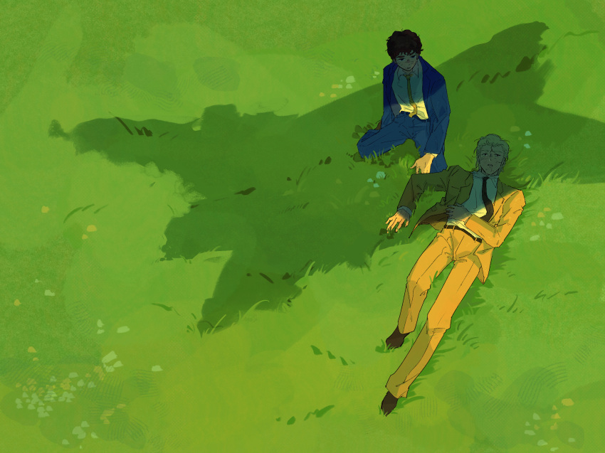 2boys, belt, blonde_hair, blood, blood_from_mouth, blue_eyes, blue_jacket, blue_pants