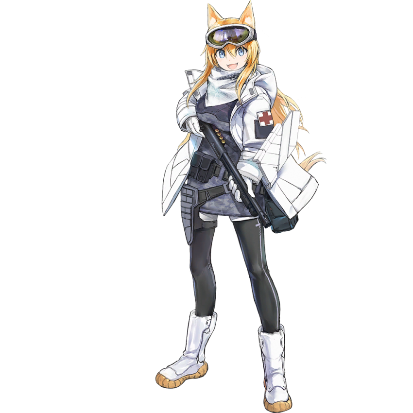 1girl, animal_ears, bag, blonde_hair, blue_eyes, boots, coat, codename:_bakery_girl, dog_ears, dog_girl, dog_tail, duffel_coat, girls_frontline, gloves, gun, hawk_b, m500_(girls'_frontline), mossberg_500, official_alternate_costume, official_art, pump_action, reverse_collapse_(series), shotgun, solo, spoilers, tail, weapon, white_gloves