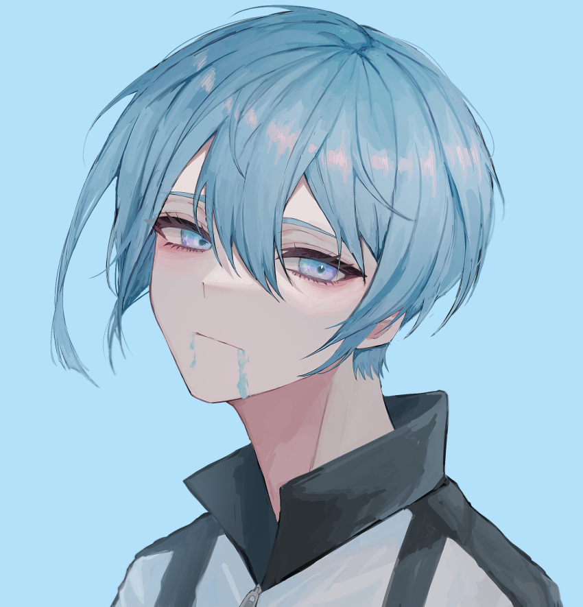 1boy, black_jacket, blue_background, blue_eyes, blue_hair, blue_lock, closed_mouth, collared_jacket