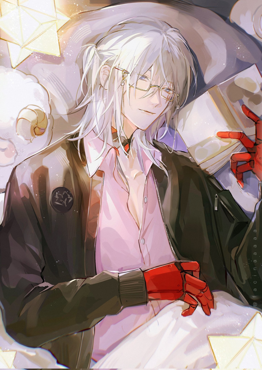 1boy, black_choker, black_jacket, book, buttons, choker, closed_mouth, collared_shirt, comfydant_(fulgur_ovid), commentary_request, expressionless, eyewear_strap, facial_tattoo, facinaaaaa, fulgur_ovid, fulgur_ovid_(2nd_costume), glasses, grey_eyes, grey_hair, hair_between_eyes, hand_up, highres, holding, holding_book, jacket, light_particles, long_sleeves, lying, male_focus, mechanical_arms, medium_hair, nijisanji, nijisanji_en, official_alternate_costume, on_back, open_book, open_clothes, open_collar, open_jacket, parted_bangs, pectoral_cleavage, pectorals, pillow, pink_shirt, semi-rimless_eyewear, sheep, shirt, sidelocks, stellated_octahedron, tattoo, under-rim_eyewear, under_covers, virtual_youtuber, wing_collar, zipper, zipper_pull_tab