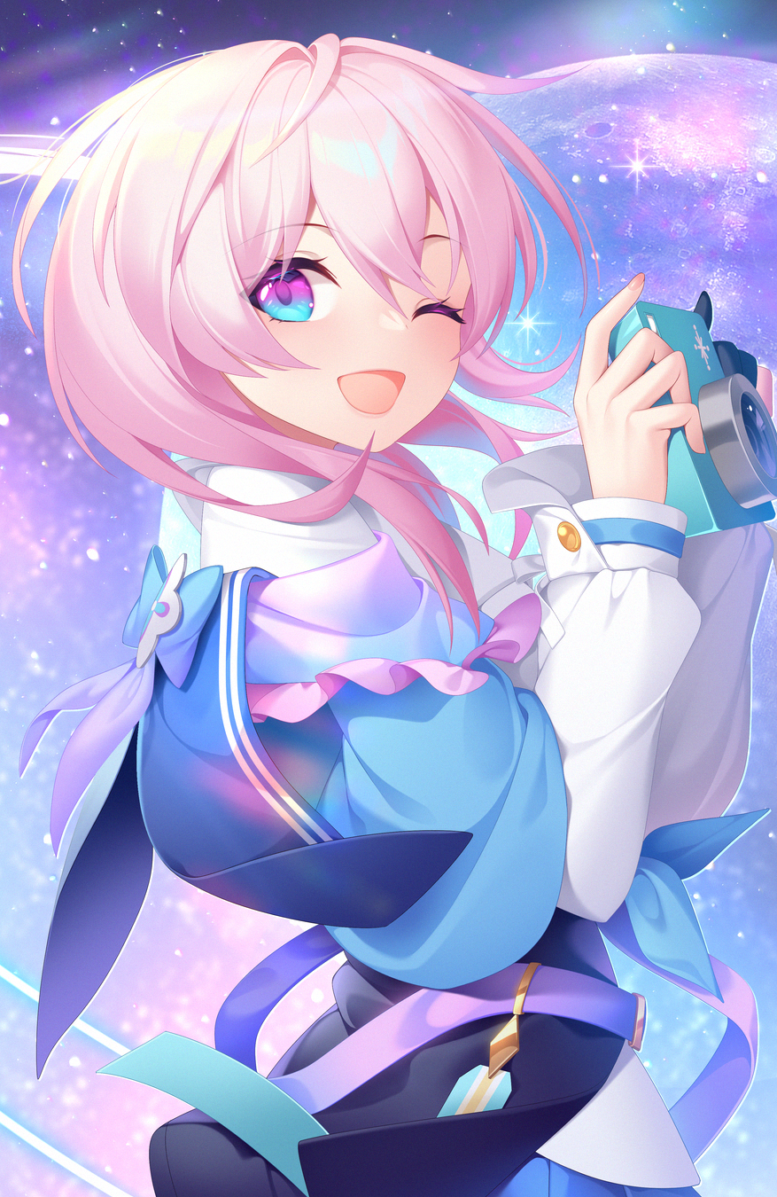 1girl, :d, archery_shooting_glove, black_corset, black_gloves, blue_eyes, blue_jacket, camera