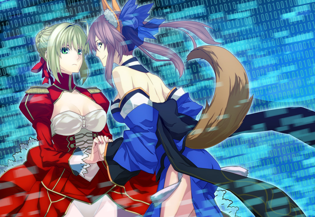 2girls, animal_ears, binary, breasts, caster_(fate/extra), dress, epaulettes, fate/extra
