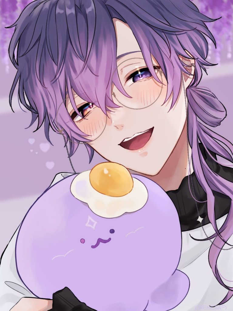 1boy, :d, black_shirt, blush, commentary_request, crossed_bangs, eyewear_strap, glasses