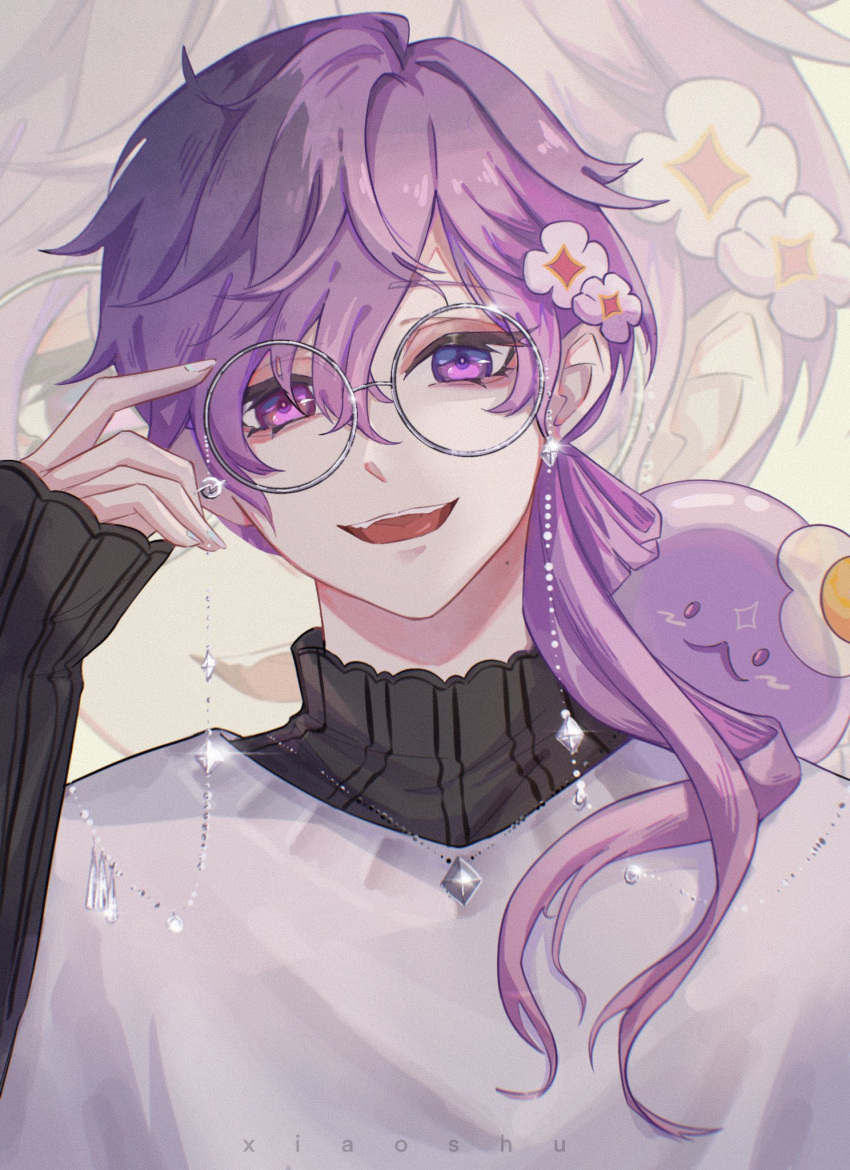 1boy, adjusting_eyewear, black_shirt, blush, commentary_request, crossed_bangs, eyelashes, eyewear_strap
