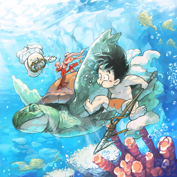 barefoot, black_hair, bubble, closed_eyes, dragon_ball, fish, freediving, goggles