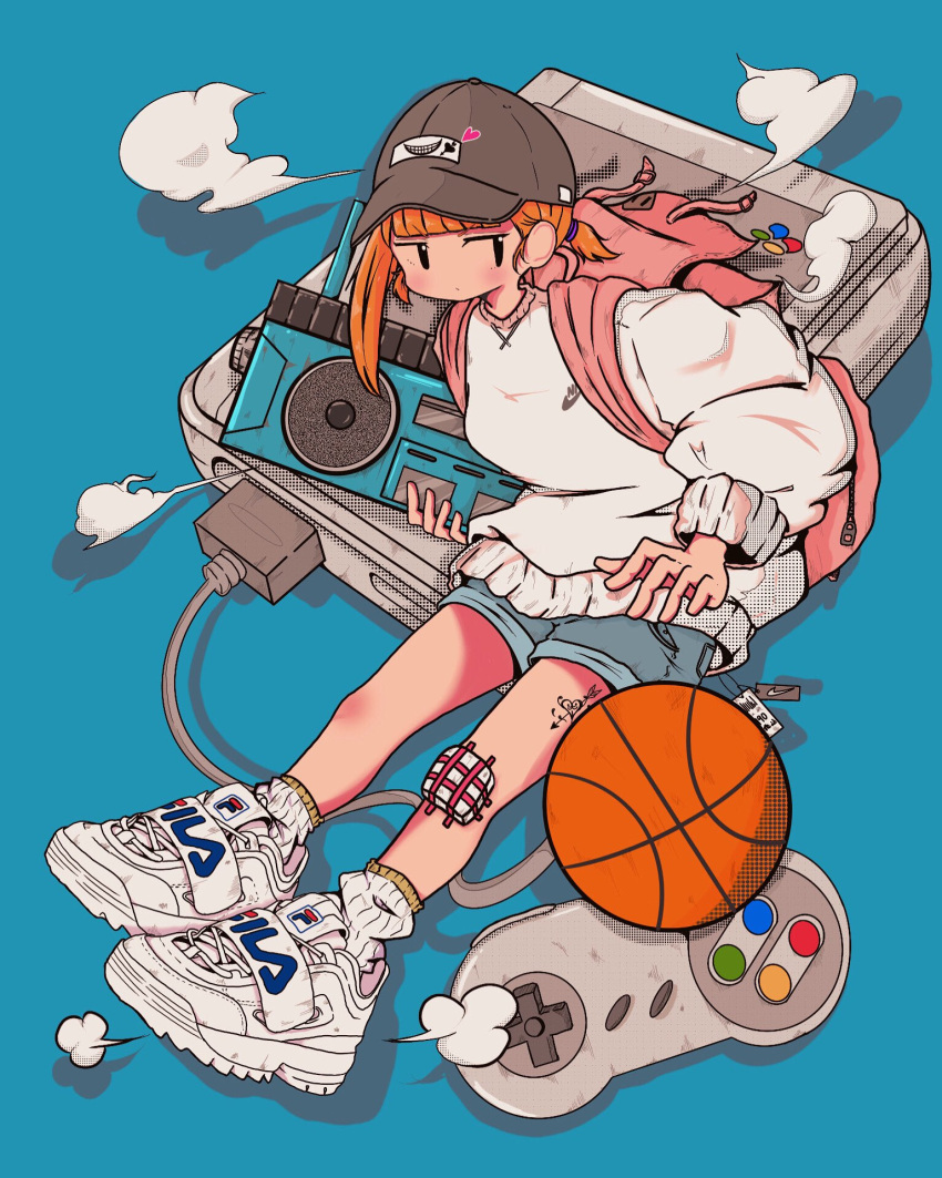 1girl, backpack, bag, ball, bandaid, bandaid_on_knee, bandaid_on_leg, baseball_cap