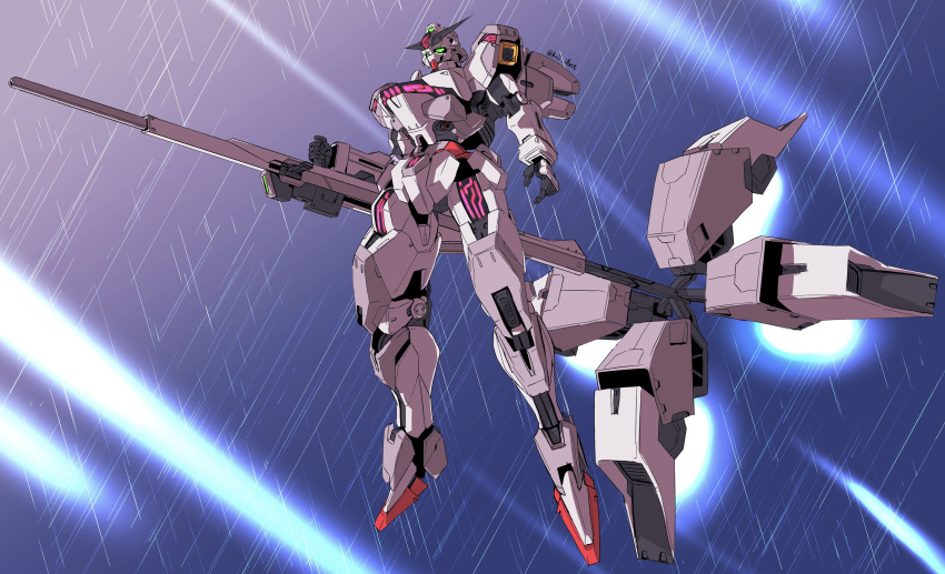 absurdres, beam_cannon, floating, glowing, green_eyes, gundam, gundam_calibarn, gundam_suisei_no_majo, highres, holding_cannon, kaji_illust, mecha, no_humans, robot, solo, thrusters