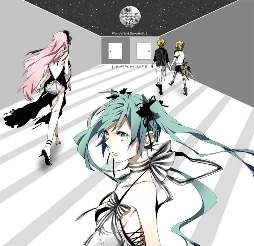 bare_back, blonde_hair, boots, bow, disco_ball, dress, formal, green_eyes