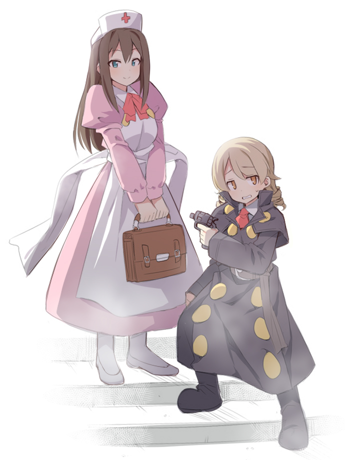 2girls, apron, belt, black_capelet, black_coat, black_footwear, blush, boots