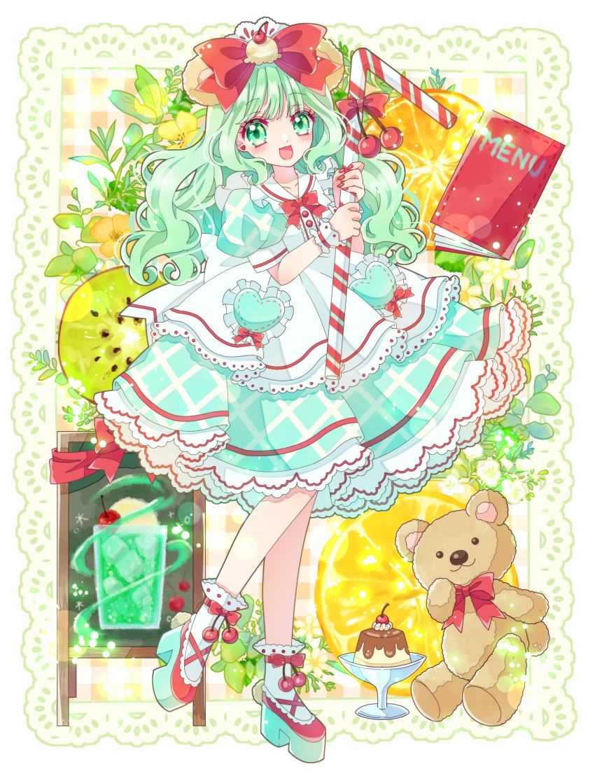 1girl, absurdres, apron, blue_dress, bow, candy, candy_cane, cherry