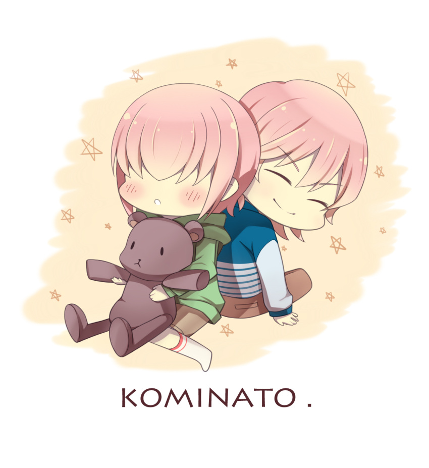 2boys, ace_of_diamond, blush, brothers, brown_pants, brown_shorts, character_name, closed_eyes