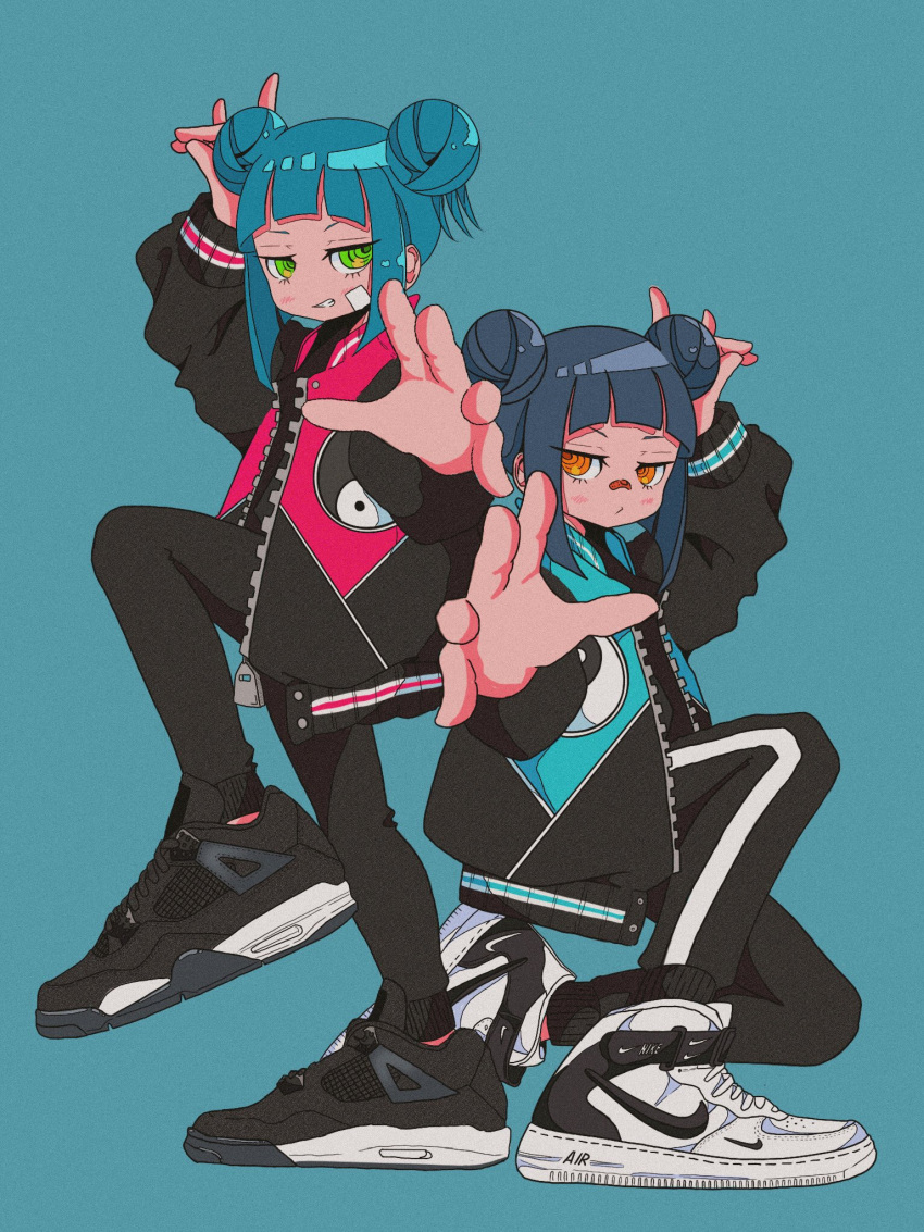 2girls, air_jordan, air_jordan_4, arm_up, back-to-back, bandaid, bandaid_on_cheek, bandaid_on_face