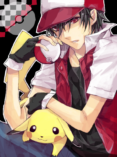 1boy, black_hair, fingerless_gloves, gloves, hat, holding, holding_poke_ball, ichi_kawa_ichi