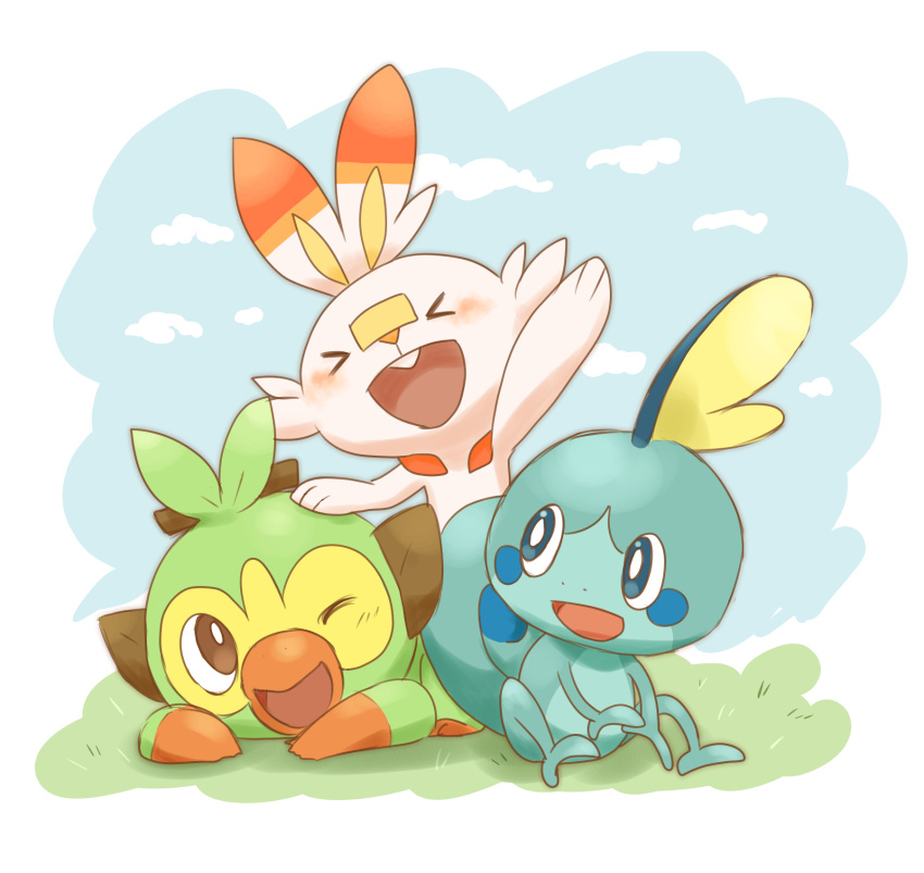 >o<, arm_up, blue_eyes, blush, bright_pupils, brown_eyes, buck_teeth, closed_eyes, clouds, grookey, hand_on_another's_head, highres, nostrils, open_mouth, outdoors, pokemon, pokemon_(creature), saudade_sn, scorbunny, sitting, sobble, starter_pokemon_trio, teeth, white_pupils