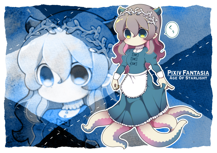 1girl, absurdres, apron, blue_bow, blue_bowtie, blue_dress, border, bow, bowtie, brown_hair, buttons, copyright_name, dress, frilled_dress, frills, green_eyes, hair_between_eyes, highres, horns, long_hair, long_sleeves, maid, no_mouth, original, pixiv_fantasia, pixiv_fantasia_age_of_starlight, pointy_ears, shirt, solo, speech_bubble, tachibana_yellow, tentacle_limbs, tentacles, translation_request, waist_apron, white_border, white_shirt, zoom_layer